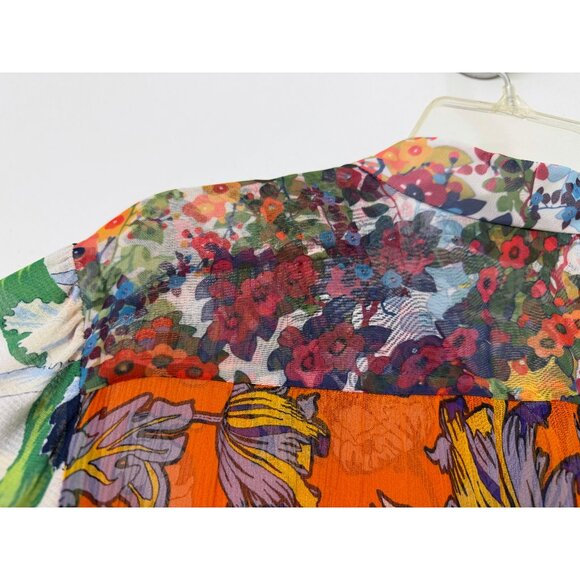 Tory Burch Kia Orange Garden Print Silk Shirt Top Green Floral Tie Neck 8 - Picture 11 of 15